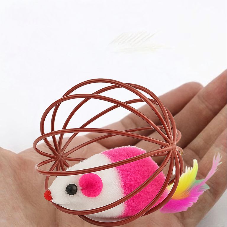 Jucarie interactiva pentru pisici multicolor, 6 cm, soricel cu pene in bila tip cusca, pentru joaca, miscare si stimularea instinctului de vanatoare [8]
