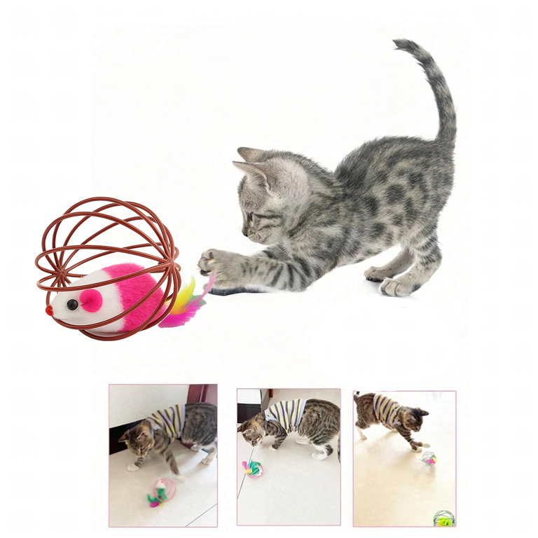 Jucarie interactiva pentru pisici multicolor, 6 cm, soricel cu pene in bila tip cusca, pentru joaca, miscare si stimularea instinctului de vanatoare [5]