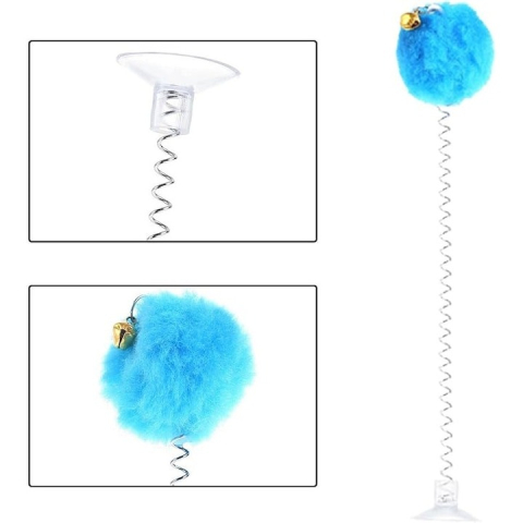 Jucarie interactiva pentru pisici, ventuza, minge din plus, cu clopotel, arc flexibil, 23 cm, albastru [1]
