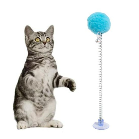 Jucarie interactiva pentru pisici, ventuza, minge din plus, cu clopotel, arc flexibil, 23 cm, albastru [4]