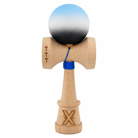 JOCURI ȘI JUCĂRII - Kendama din lemn profesionala 18 cm, bila rubber grip, joc coordonare si antistres, copii si adulti, albastru gri negru