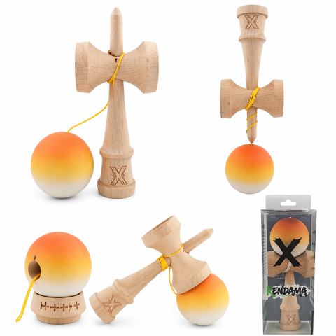Kendama din lemn profesionala 18 cm, bila rubber grip, joc coordonare si antistres, copii si adulti, portocaliu galben alb [3]