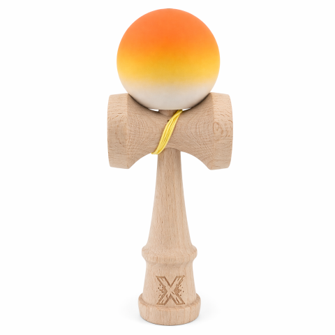 JOCURI ȘI JUCĂRII - Kendama din lemn profesionala 18 cm, bila rubber grip, joc coordonare si antistres, copii si adulti, portocaliu galben alb