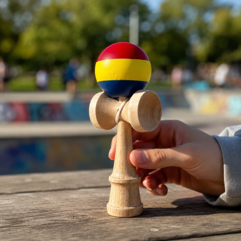Kendama profesionala din lemn cu rubber grip, joc de indemanare si coordonare, 18 cm, model tricolor rosu galben albastru, pentru antrenament si freestyle [1]