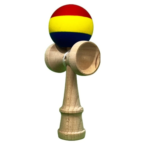 JOCURI ȘI JUCĂRII - Kendama profesionala din lemn cu rubber grip, joc de indemanare si coordonare, 18 cm, model tricolor rosu galben albastru, pentru antrenament si freestyle