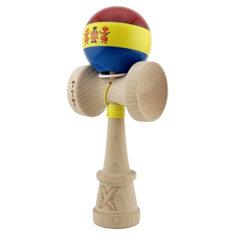 Kendama profesionala din lemn cu rulment metalic, editie Stil Romanesc tricolor, finisaj Super Sticky, cupe mari King Size V3, 18 cm, multicolor [5]