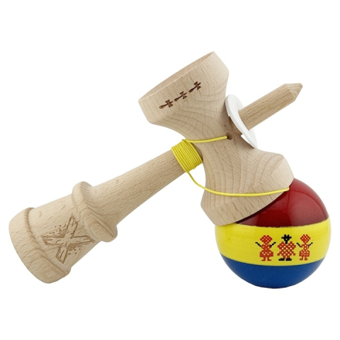 Kendama profesionala din lemn cu rulment metalic, editie Stil Romanesc tricolor, finisaj Super Sticky, cupe mari King Size V3, 18 cm, multicolor [2]