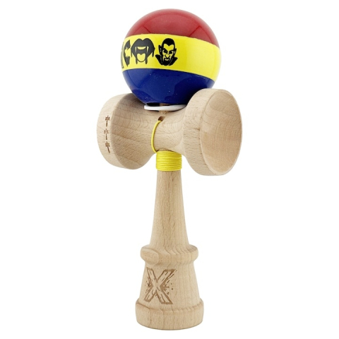 Kendama profesionala din lemn cu rulment metalic, model Dracula tricolor, finisaj Super Sticky, cupe mari King Size V3, 18 cm, multicolor [5]