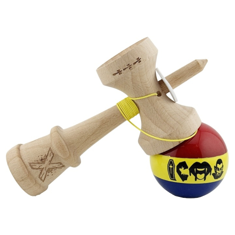 Kendama profesionala din lemn cu rulment metalic, model Dracula tricolor, finisaj Super Sticky, cupe mari King Size V3, 18 cm, multicolor [2]