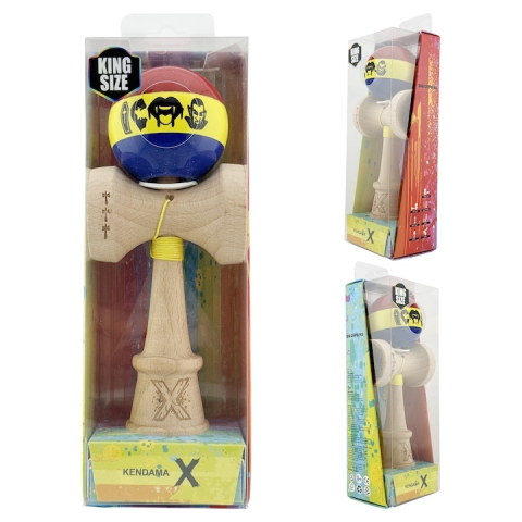Kendama profesionala din lemn cu rulment metalic, model Dracula tricolor, finisaj Super Sticky, cupe mari King Size V3, 18 cm, multicolor [1]