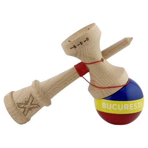 Kendama profesionala din lemn, editia Bucuresti tricolor, Super Sticky, cupe mari King Size V3, rulment metalic, gaura in baza, 18 cm, multicolor [2]