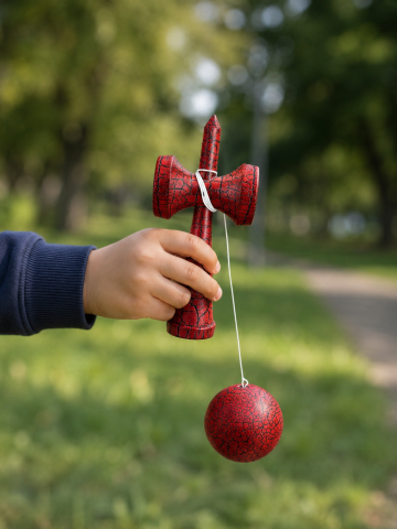 Kendama rosu-negru 18 cm din lemn cu bila si snur [2]