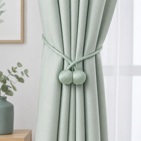 Kit 2 accesorii magnetice pentru prinderea perdelelor si draperiilor, snur textil, 44 cm, verde menta [3]