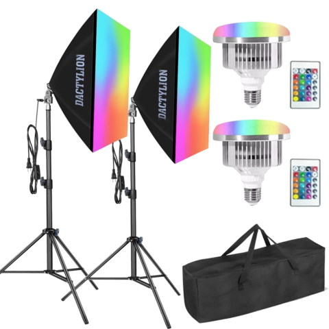 ECHIPAMENTE FOTO - Kit 2 LED E27 RGB 45W, 2 softboxuri, geanta pentru transport, 2 telecomenzi pentru control individual, suport reglabil 200cm.