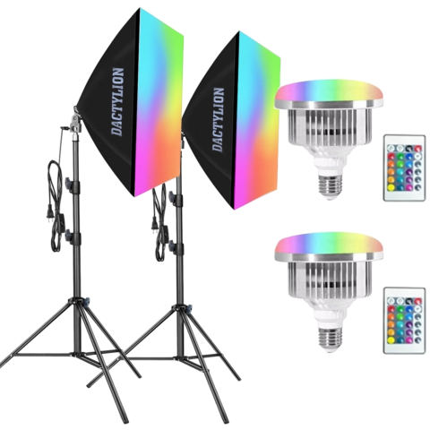 ECHIPAMENTE FOTO - Kit 2 Softbox, 2 Becuri LED RGB 50W E27, control prin telecomanda, inaltime ajustabila, max 200cm