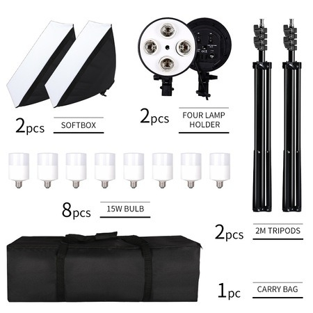 Kit de 2 softboxuri, soclu de 4 becuri, 2 trepiezi reglabili 200 cm, 8 becuri LED 20W, geanta de transport inclusa [1]