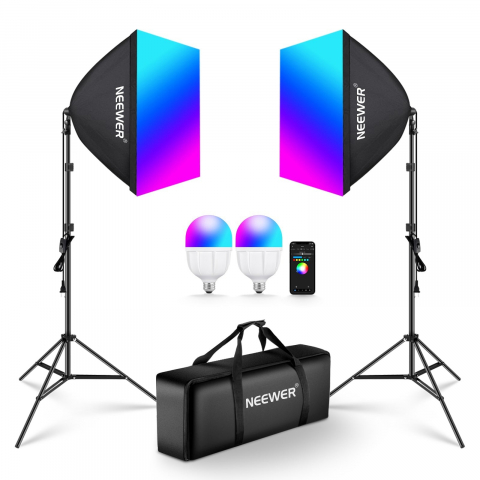 Softbox-uri - Kit 2 softbox Neewer, becuri LED RGB 24W, trepiezi 200 cm, geanta transport, control prin aplicatie