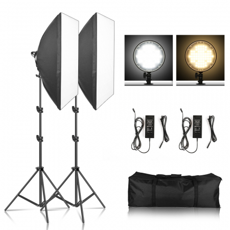 Oferta Saptamanii - Kit de 2 softboxuri, cu 2 trepiezi reglabili 200 cm, 2 panouri LED Bi color, de 45W, temperatura culorii reglabila, geanta de transport inclusa, Hakutatz