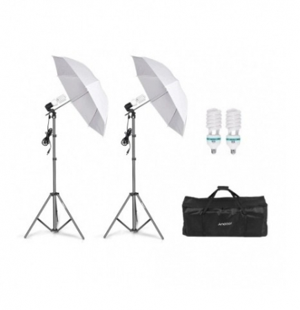 Oferta Saptamanii - Set iluminat de studio, 2x trepied, 2x becuri 150w 5500k, 2x umbrele de studio si geanta transport