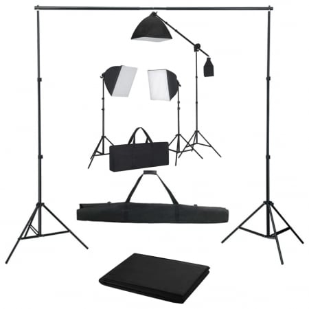 Kit studio complet - Kit foto studio,3 lumini softbox,suport fundal 2x3m,3x bec 150W, panza fundal negru 2x3m, macara + geanta transport