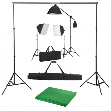 Kit studio complet - Kit foto studio,3 lumini softbox,suport fundal 2x3m,3x bec 150W, panza fundal verde 3x3m, macara + geanta transport