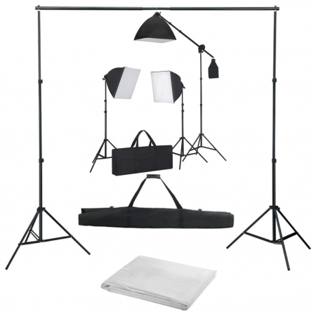 Kit studio complet - Kit foto studio,3 lumini softbox,suport fundal 2x3m,3x bec 150W, panza fundal alb 2x3m, macara + geanta transport