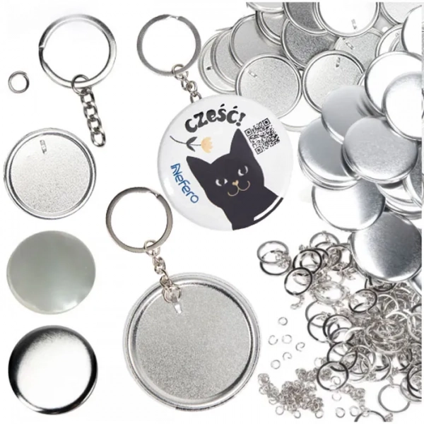 CASA & GRADINA - Kit 50 componente pentru brelocuri personalizate 58 mm, blank-uri metalice cu lant si inel, compatibil cu presa pentru insigne
