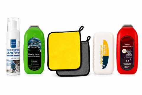 Alte articole auto - Kit complet curatare geamuri si interior auto, 6 piese, degresant, spuma activa, 2 perii si 2 lavete microfibra