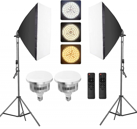Lumini pentru studio - Kit de 2 softboxuri, 2 trepiezi reglabili 200 cm, 2 becuri LED de 105W cu telecomanda control