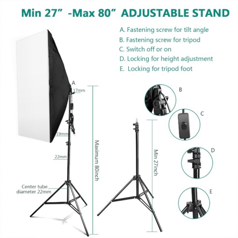 Kit de 2 softboxuri, 2 trepiezi reglabili 200 cm, 4 becuri LED 25W, geanta de transport inclusa [3]