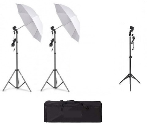 ECHIPAMENTE FOTO - Kit de 2 umbrele albe, 2 trepiezi reglabili 200 cm, 1 trepied 160 cm, fara becuri, geanta de transport inclusa