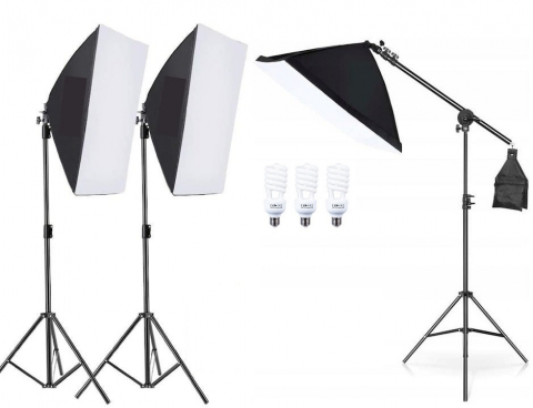 ECHIPAMENTE FOTO - Kit de 3 softboxuri cu macara ajustabila, 3 trepiezi reglabili 200 cm, 3 becuri 45W