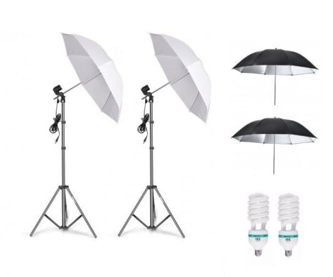 Umbrele foto - Kit de 4 umbrele alb-negru, 2 trepiezi reglabili 200 cm, 2 becuri 150W