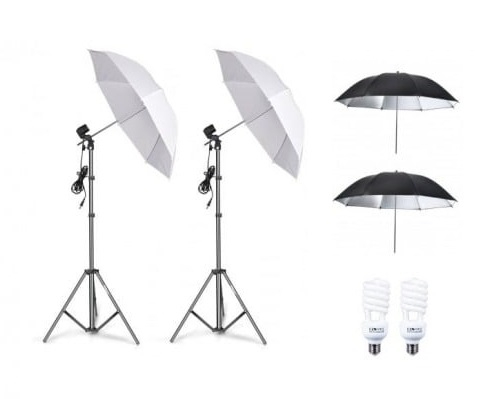 ECHIPAMENTE FOTO - Kit de 4 umbrele alb-negru, 2 trepiezi reglabili 200 cm, 2 becuri 45W