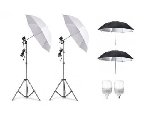 Umbrele foto - Kit de 4 umbrele alb-negru, 2 trepiezi reglabili 200 cm, 2 becuri LED 25W