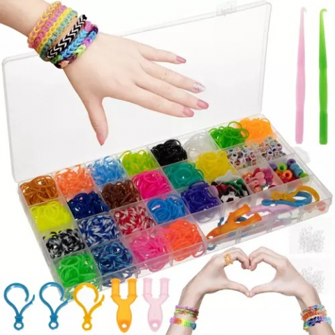 Jucării educative - Kit de confectionare bratari, 23 culori benzi de cauciuc, 1500 piese, carlige, carabine, margele, pandantive si litere 27x13x2 cm - Multicolor