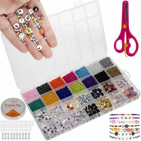 Jucării educative - Kit de confectionare bratari, 28 tipuri margele, 10.000 piese, rola cu fir, mini brelocuri, foarfeca, 23x11x2 cm - Multicolor