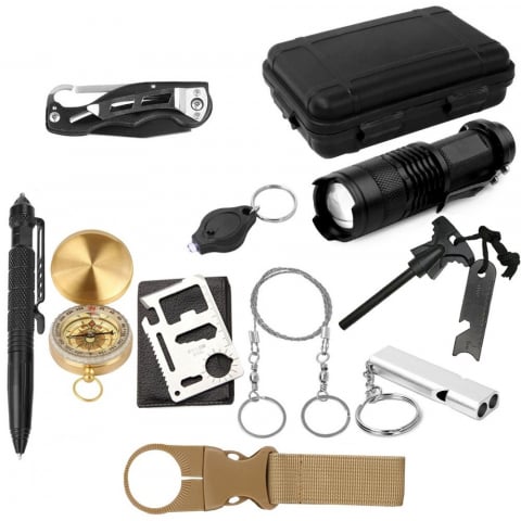 SPORT ȘI ACTIVITĂȚI - Kit de supravietuire, multifunctional,12 in1, ideal pentru pentru camping, drumetii, 11 x 16.5 x 5 cm, negru
