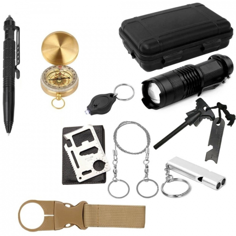 SPORT ȘI ACTIVITĂȚI - Kit de supravietuire, multifunctional,10 in1, ideal pentru pentru camping, drumetii, 11 x 16.5 x 5 cm, negru