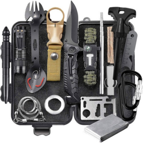 SPORT ȘI ACTIVITĂȚI - Kit de supravietuire, multifunctional, ideal pentru pentru excursii, camping, drumetii, pescuit, vanatoare, negru
