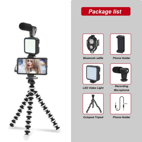 Kit de vlogging pentru telefon camera, trepied flexibil, panou LED, suport telefon, microfon si telecomanda [1]