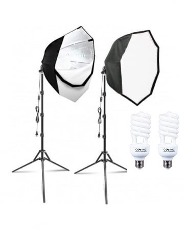 Lumini pentru studio - Kit de 2 softboxuri octagonale, 2 trepiezi reglabili 200 cm, 2 becuri 45W