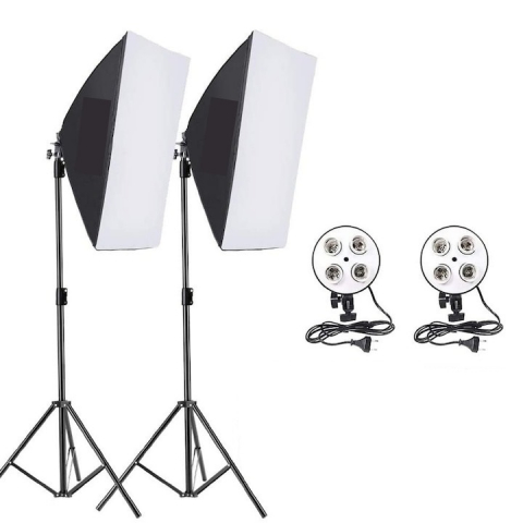 ECHIPAMENTE FOTO - Kit de 2 softboxuri, soclu de 4 becuri, 2 trepiezi reglabili 200 cm, fara becuri