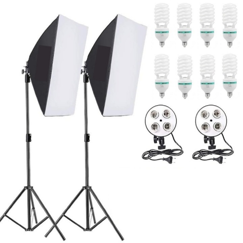 ECHIPAMENTE FOTO - Kit de 2 softboxuri, soclu de 4 becuri, 2 trepiezi reglabili 200 cm, 8 becuri de 150W