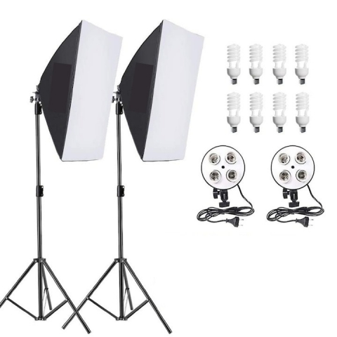 ECHIPAMENTE FOTO - Kit de 2 softboxuri, soclu de 4 becuri, 2 trepiezi reglabili 200 cm, 8 becuri de 45W