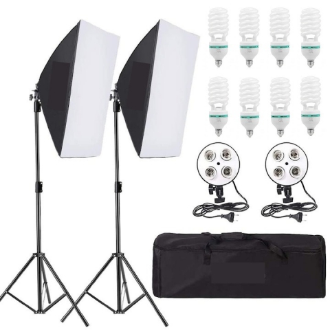 ECHIPAMENTE FOTO - Kit de 2 softboxuri, soclu de 4 becuri, 2 trepiezi reglabili 200 cm, 8 becuri de 85W, geanta de transport inclusa