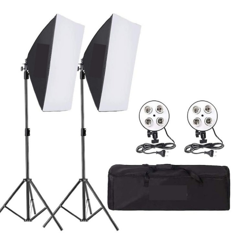 ECHIPAMENTE FOTO - Kit de 2 softboxuri, soclu de 4 becuri, 2 trepiezi reglabili 200 cm, fara becuri, geanta de transport inclusa
