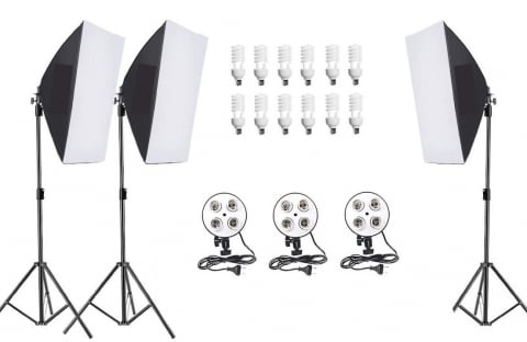 Lumini pentru studio - Kit de 3 softboxuri, soclu de 4 becuri, 3 trepiezi reglabili 200 cm, 12 becuri de 45W