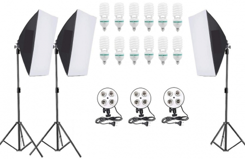 Lumini pentru studio - Kit de 3 softboxuri, soclu de 4 becuri, 3 trepiezi reglabili 200 cm, 12 becuri de 150W