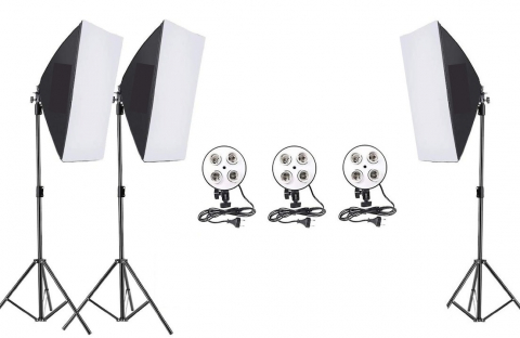 Lumini pentru studio - Kit de 3 softboxuri, soclu de 4 becuri, 3 trepiezi reglabili 200 cm, fara becuri